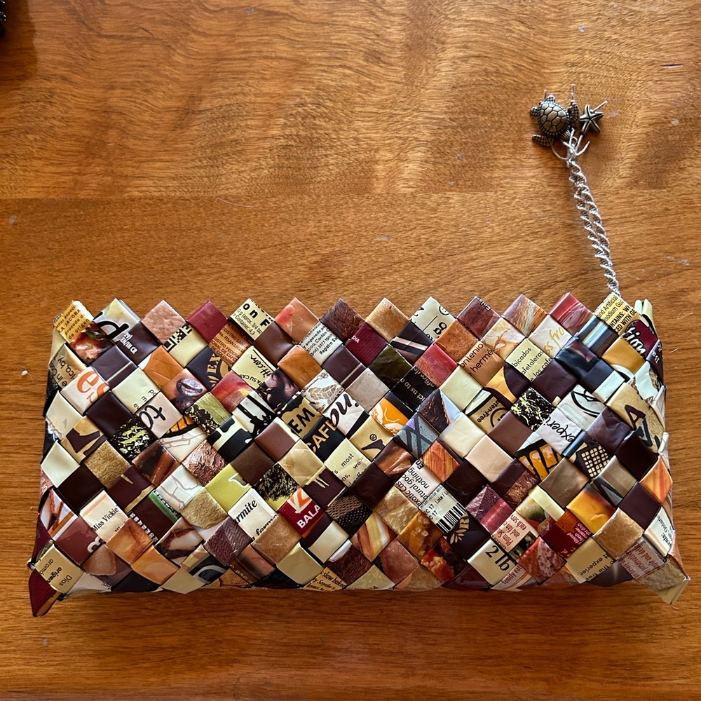 Handmade clutch, zip up,cute, made from coffee wrapper made in Uvita Costa Rica.